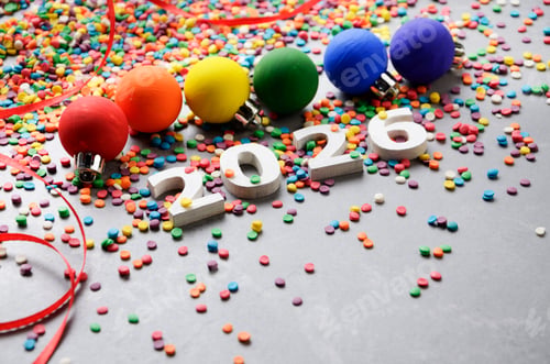Preview: White numbers 2026 with color sugar sprinkles on stone table with color balls