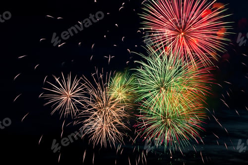 Preview: Colorful fireworks on black background.