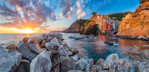 Preview: Riomaggiore in Cinque Terre, Italy panorama at sunset