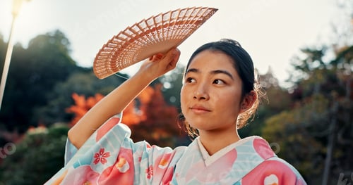 Preview: Fan, thinking or calm Asian woman in park for journey on holiday vacation for freedom or wellness.