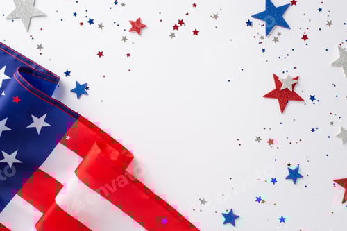 Preview: Labor Day in USA concept. Above view photo of empty space surrounded by white, blue and red