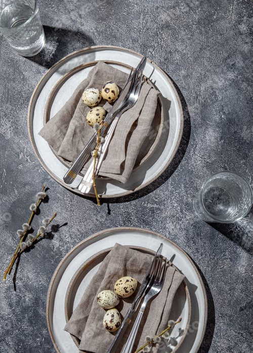 Preview: Easter festive table setting with quail eggs. top view