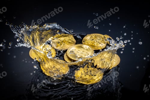 Preview: Gold bitcoin coin falling to water. Bitcoin and water splash.
