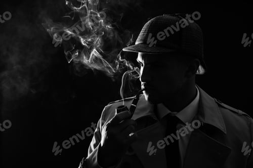 Preview: Old fashioned detective smoking pipe on dark background, black and white effect