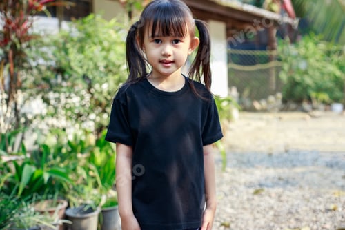 Preview: Little cute girl with black t-shirt with blank space which good for mock up.