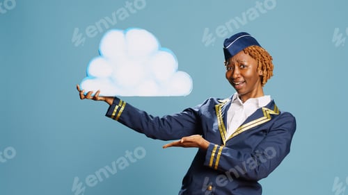 Preview: Air hostess advertising cloud shape cardboard on camera