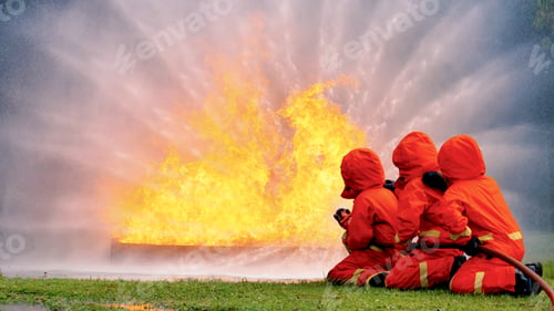 Preview: Firefighter Rescue team training in fire fighting extinguisher. Firefighter teamwork fighting