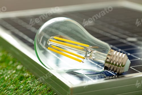 Preview: Solar energy panel and light bulb, green energy