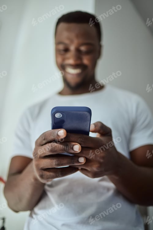 Preview: Smartphone, news and happy black man with loan application, credit score check or bank feedback and