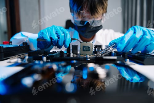 Preview: The technician is putting the CPU on the socket of the computer motherboard. electronic engineering
