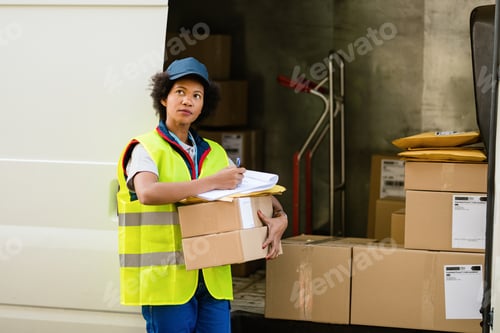 Preview: Female African American courier with packages in front of delivery van.
