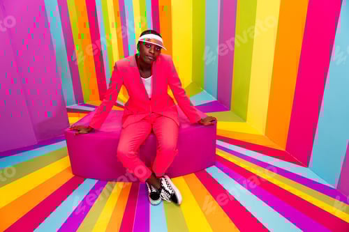 Preview: Beautiful young woman dancing and having fun inside a rainbow box room