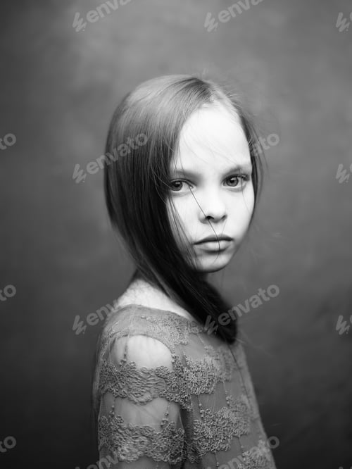 Preview: portrait of a little girl close-up posing black and white photo