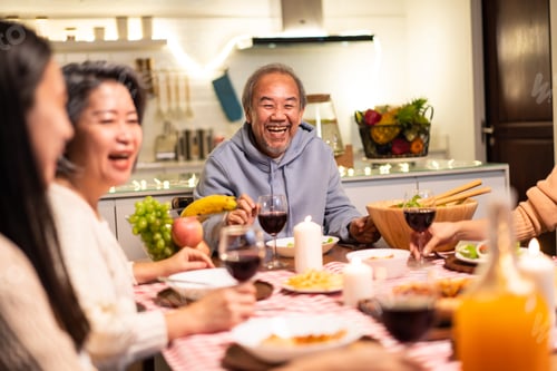 Preview: Happy family time and relationship, Asian big family having small party eating food at home.
