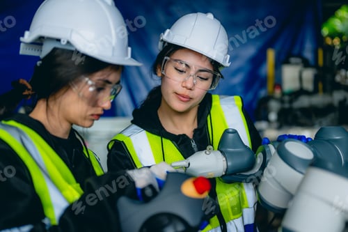 Preview: Female technician engineer using controller checking robotic machine