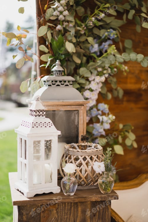 Preview: Lounge zone and traditional European wedding ceremony decoration outdoors before the reception.