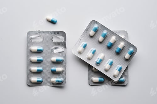 Preview: Packs of white and blue capsules of medical preparations on a white background.