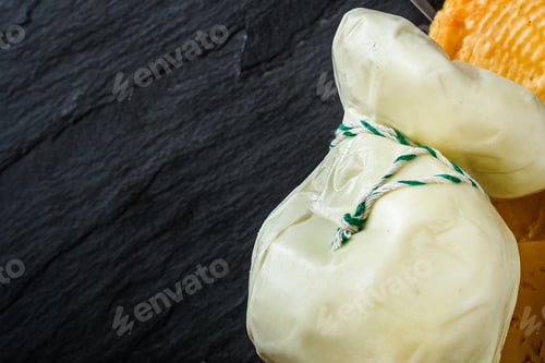 Preview: Scamorza Cheese, Pasta Filata (Cheese Product,) Menu Concept Background. Top View. Copy Space For