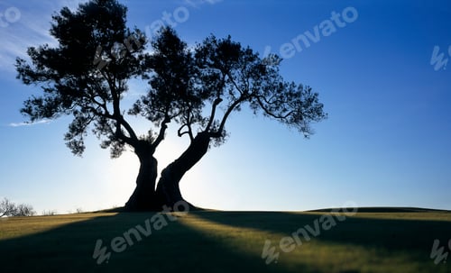 Preview: Silhouette of a majestic tree against a serene blue sky at sunrise or sunset