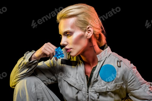 Preview: beautiful female cosmonaut posing in spacesuit with blue flower, isolated on black