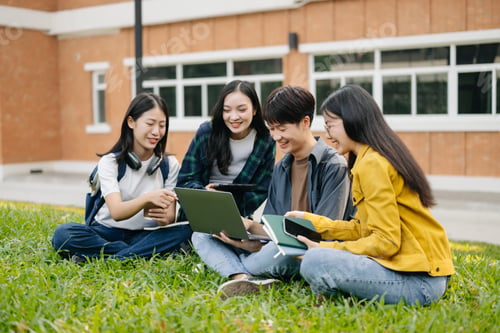 Preview: Asian Students are studying the campus park. Young people are spending time together.