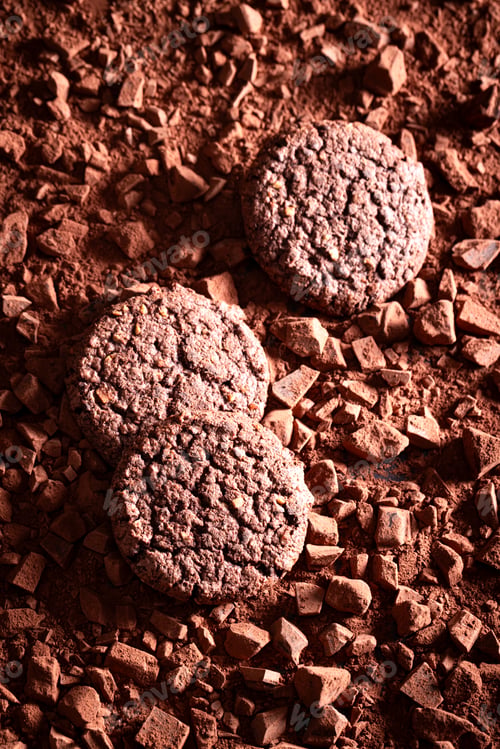 Preview: Dark chocolate cookies on cocoa powder with chocolate bar.