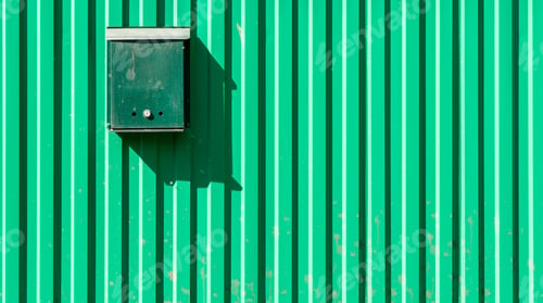 Preview: Green iron fence made of metal profile with mailbox for press and letters.