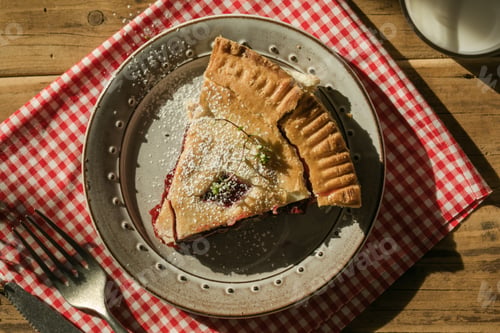 Preview: Rustic cherry pie with milk on wooden background, homemade dessert style