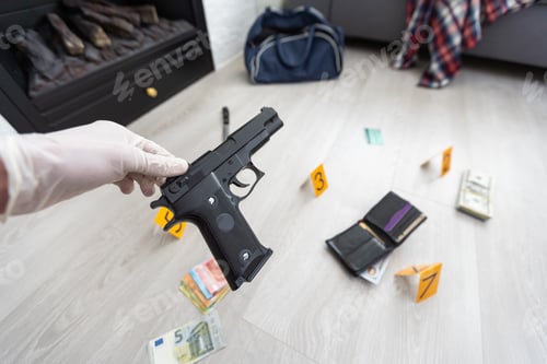 Preview: Detective in gloves looking evidence, crime scene