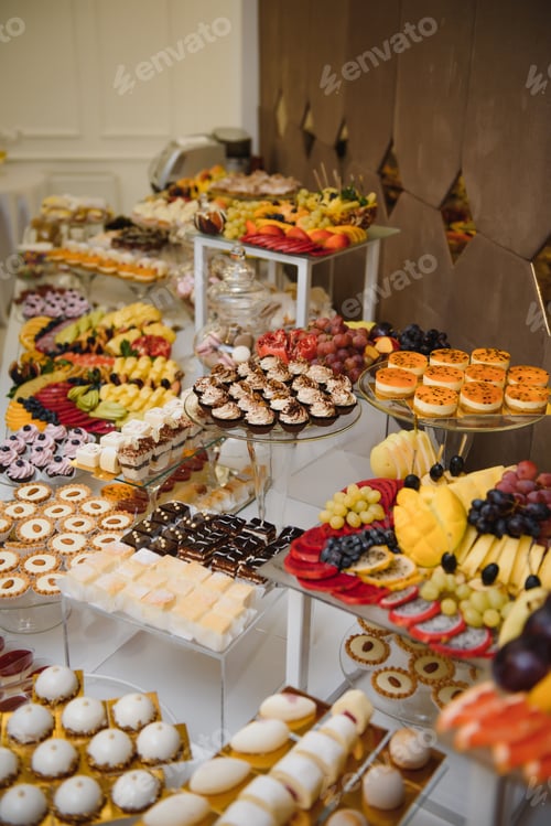 Preview: various dessert with fresh fruit on buffet line, sweet.