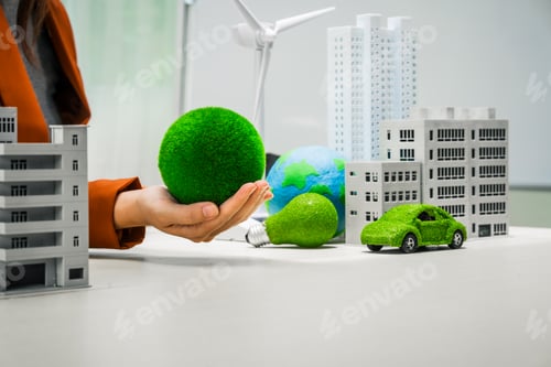 Preview: A businesswoman working at a desk in sustainable urban development, promoting eco-friendly
