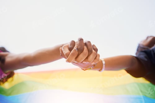 Preview: LGBTQ flag, rainbow and couple holding hands for gay pride, lesbian support or human rights protest