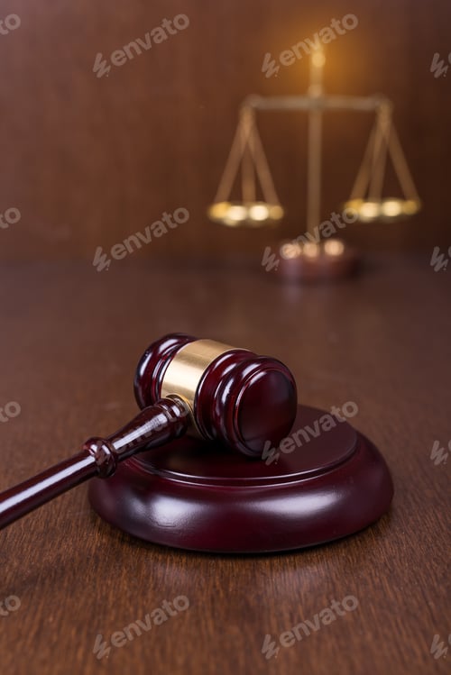 Preview: Wooden Gavel With Scales On Wooden Table, Law Concept