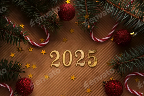 Preview: New Year 2025 beige background. Number of the coming year in Christmas decoration.