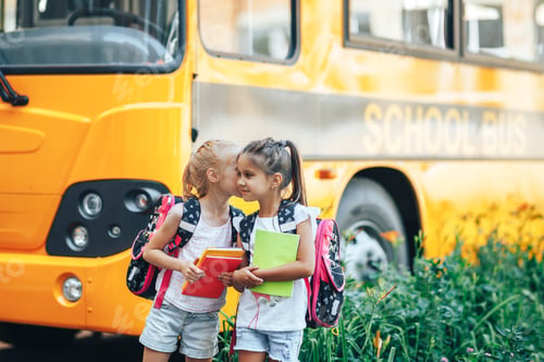 Preview: Schoolgirls with backpacks holding a book in their hands on the background of a school bus, back to