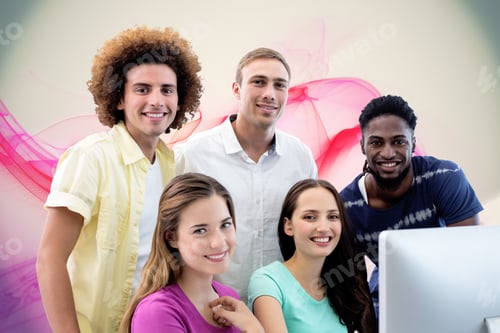 Preview: Smiling Students In Computer Class Against Pink Abstract Design