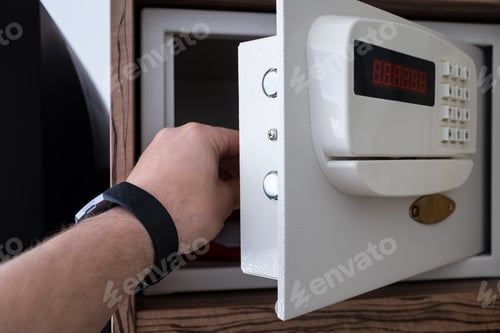 Preview: strongbox safe with buttons in a hotel room on a shelf
