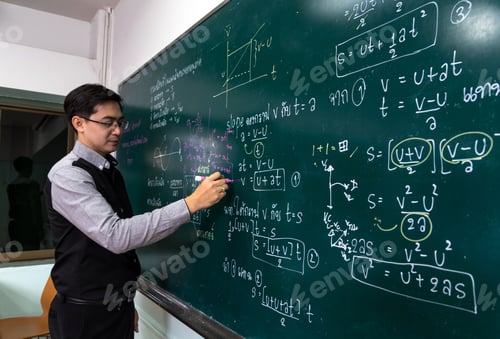 Preview: Asian teacher writing the physics formular in thai laguage on black board in school classroom