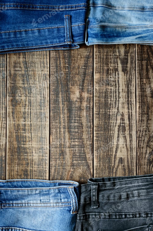 Preview: Textile background theme with different jeans on an old wooden table with copy space