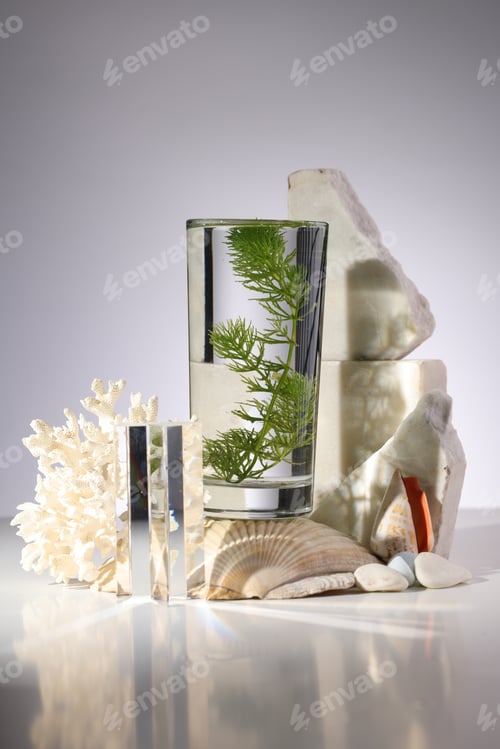 Preview: Eco Cosmetic Podium with Coral, Moss and Seaweed Still Life