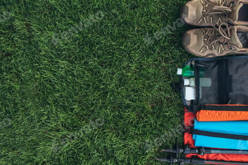 Preview: flat lay of hiking stuff on on the green grass