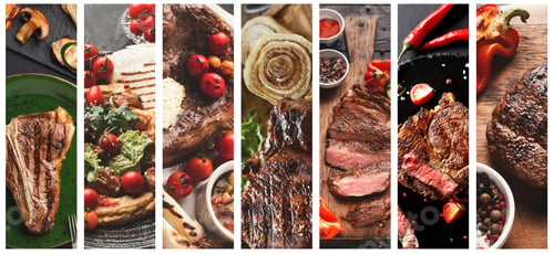 Preview: Collage of grilled meat meals on dark background