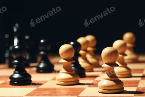 Preview: Chessboard with game pieces on black background, closeup