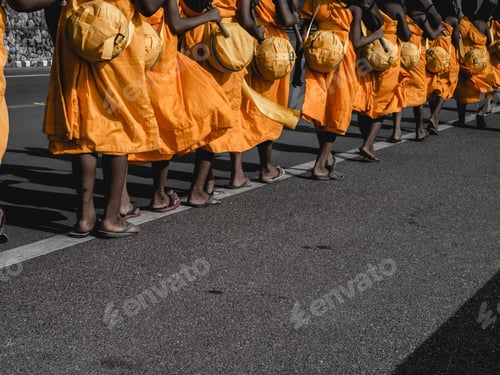 Preview: wat temple monk orange yellow walk street believe faith heritage religious ceremony budha hindu indi