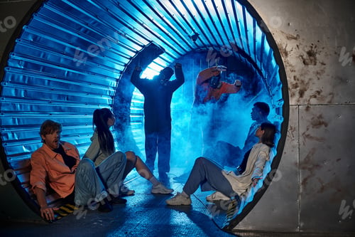 Preview: multiethnic friends sitting in tunnel near freaky people in gas masks, quest room adventure