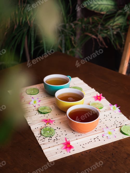 Preview: Selective focus shot of three different shades of hot tea in the cup with a blurred background