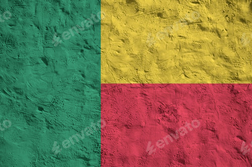 Preview: Benin flag depicted in bright paint colors on old relief plastering wall close up
