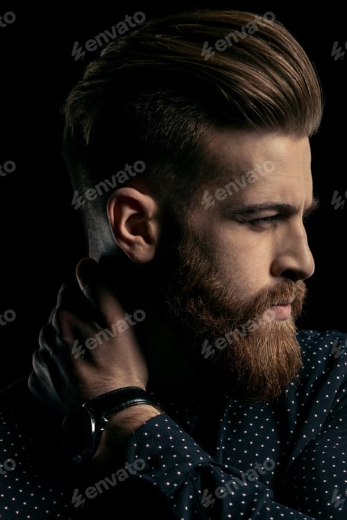 Preview: Close-up portrait of handsome stylish bearded man with hand on neck