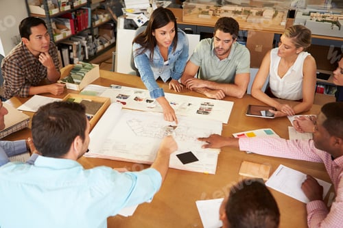 Preview: Female Boss Leading Meeting Of Architects Sitting At Table