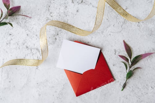 Preview: A blank card with red envelope and leaf is placed on white background